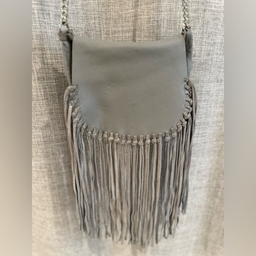 ZARA | western Bobo Chain Plain Leather Fringes Shoulder Bags Light Grey EUC